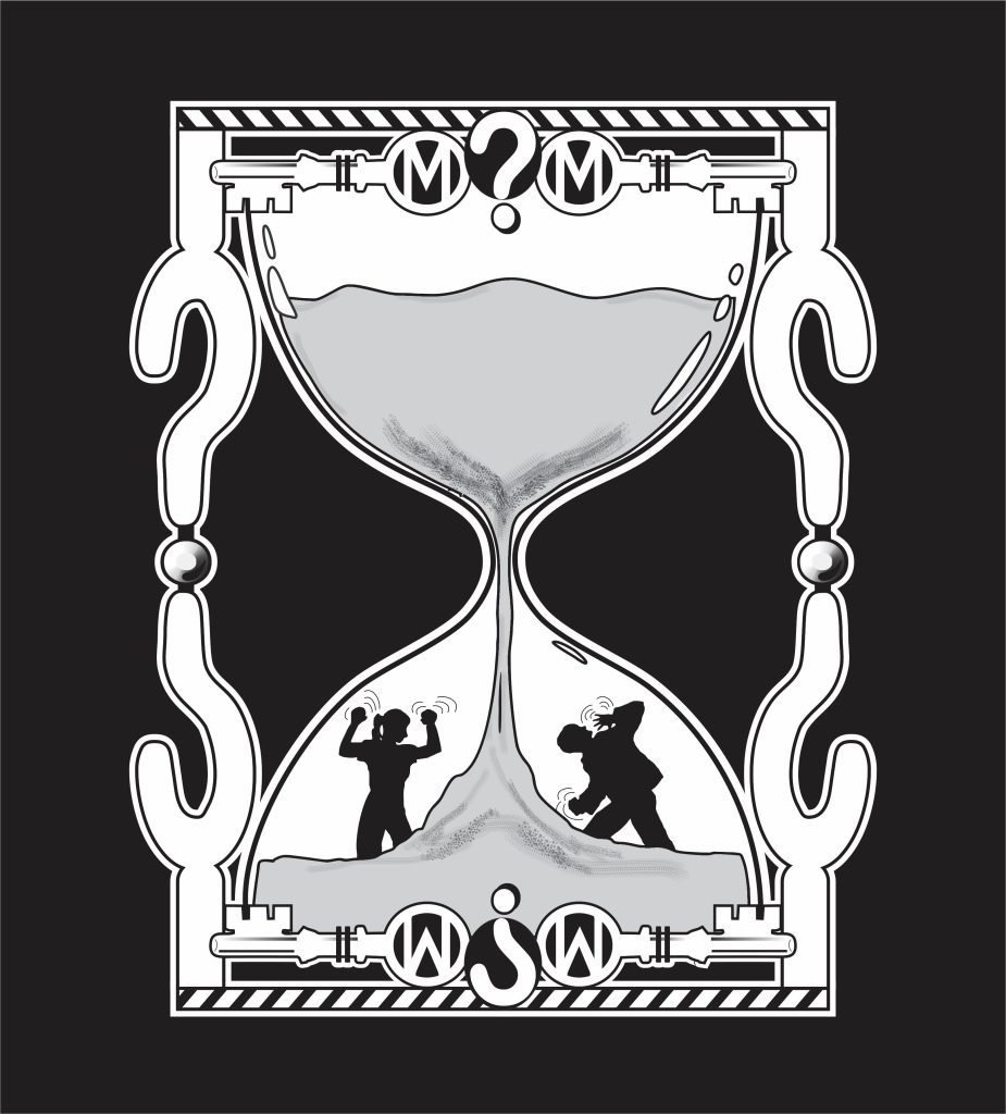 An hour glass with. Mystery Mayhem Escapes theme.