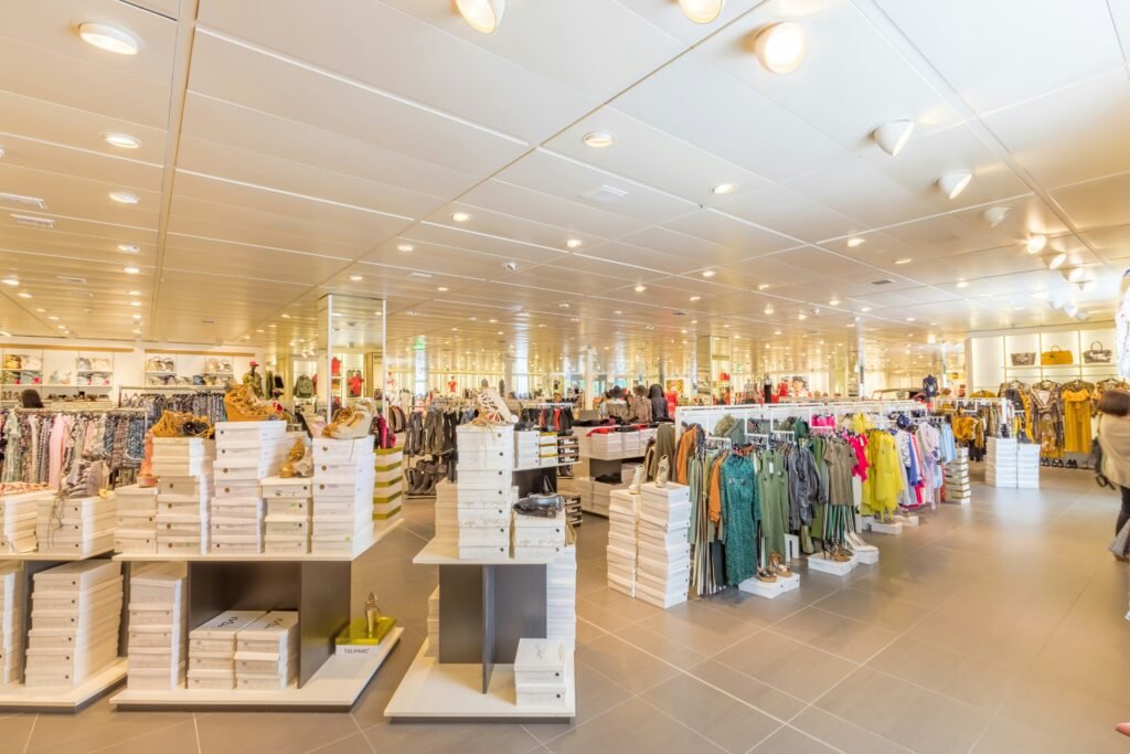 Shopping mall featuring large selection of luxury shoe and clothing items