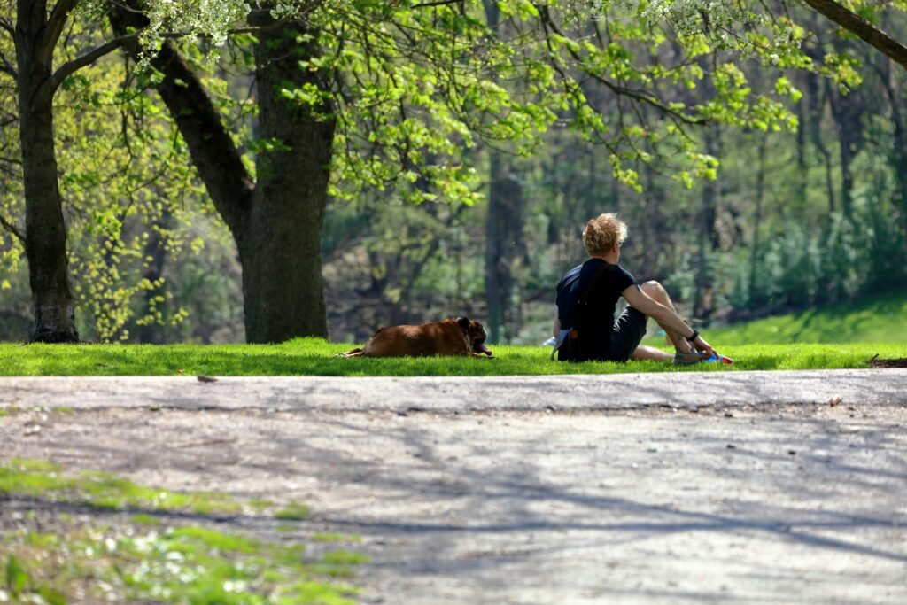 Man sitting with his dog in a Frick park, enjoying a peaceful moment along a walking trail—one of many outdoor group activities in Pittsburgh for friends, families, and pet owners.