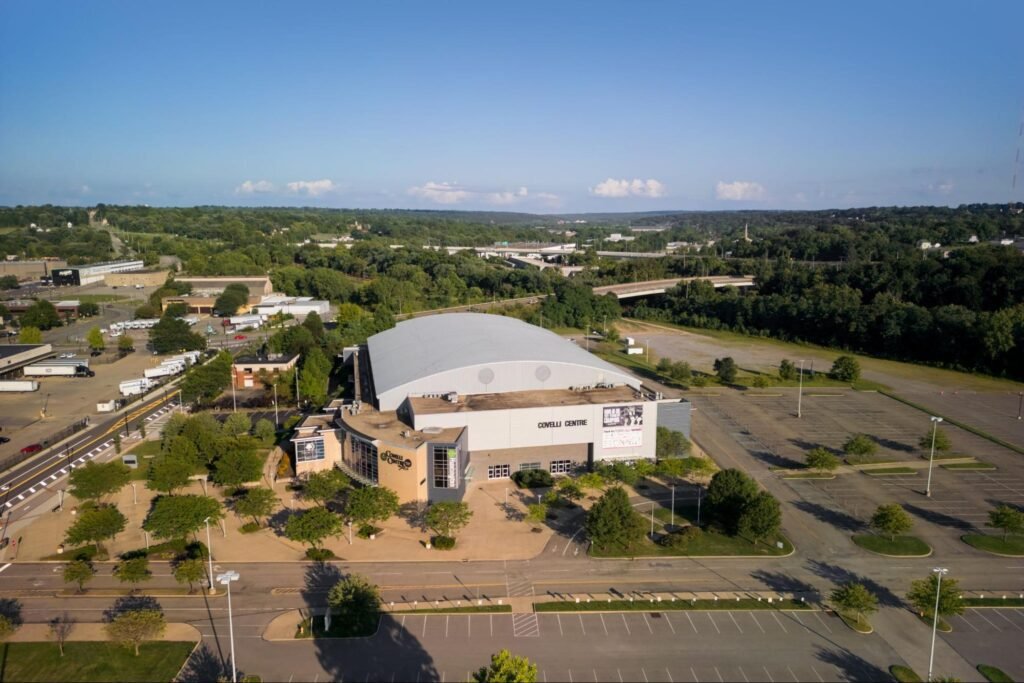 Aerial view of the Covelli Centre in downtown Youngstown OH, a popular spot for concerts and events among the top things to do in Youngstown OH this weekend.