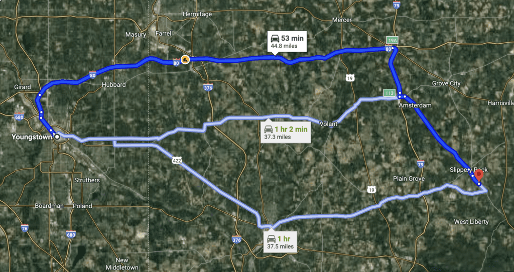 Map showing driving routes from Youngstown OH to Mystery Mayhem Escapes & Axe Throwing in Slippery Rock.