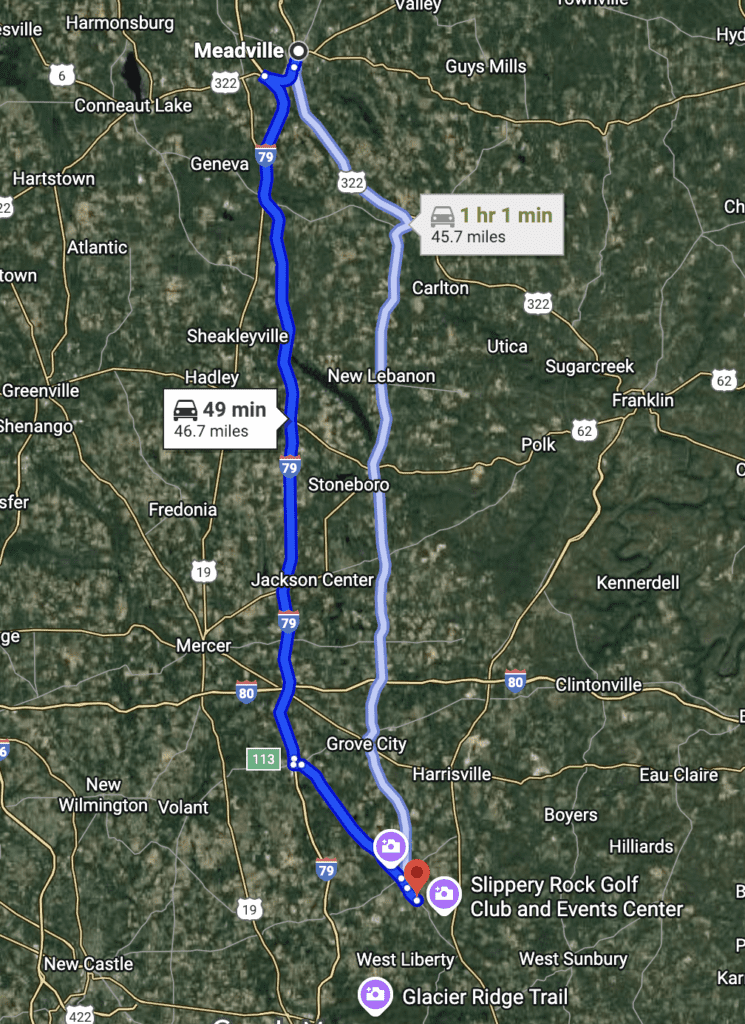 Map displaying the driving route from Meadville PA to Mystery Mayhem Escapes.