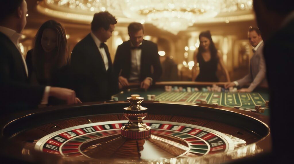 Six people gambling in a casino, representing Mystery Mayhem's 'Casino Heist' Escape Room.