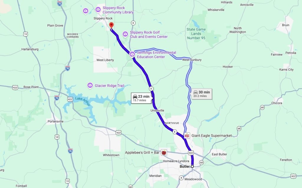 A map with the route to get from butler pa to Mystery Mayhem Slippery Rock, PA Escape Rooms.