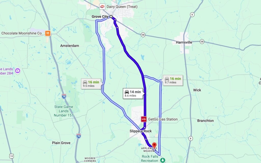 A map with the route to get from Grove City PA, to Mystery Mayhem Slippery Rock, PA Escape Rooms.