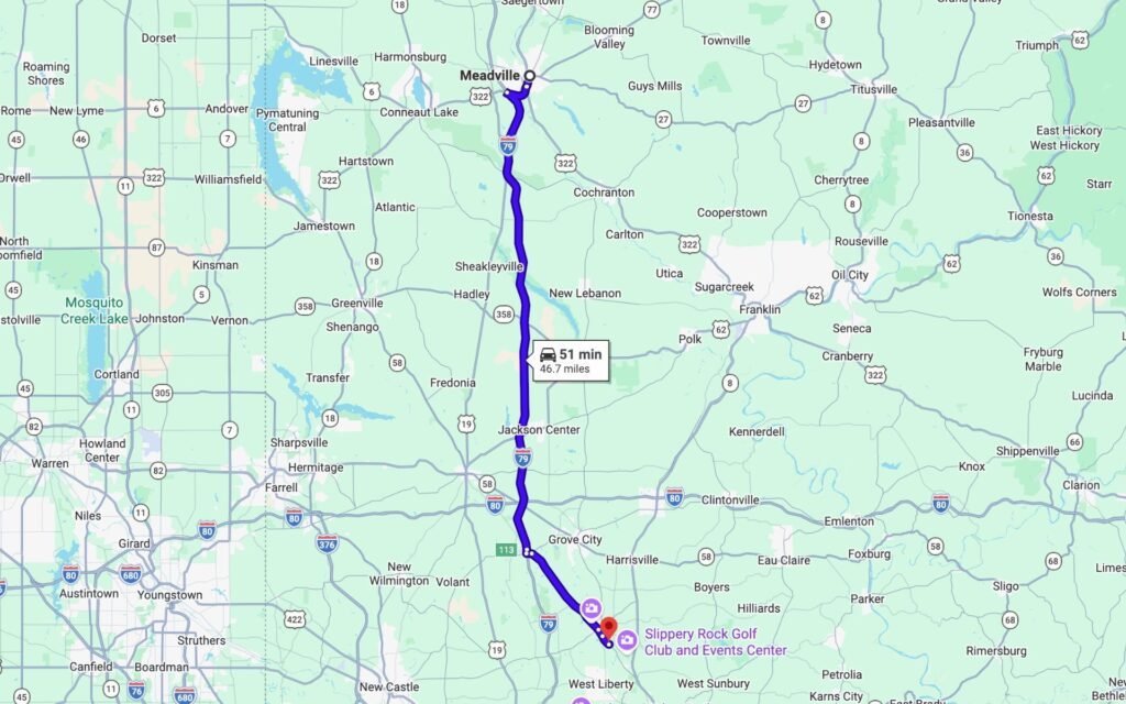 A map with the route to get from Meadville, PA to Mystery Mayhem Slippery Rock, PA, Escape Rooms.
