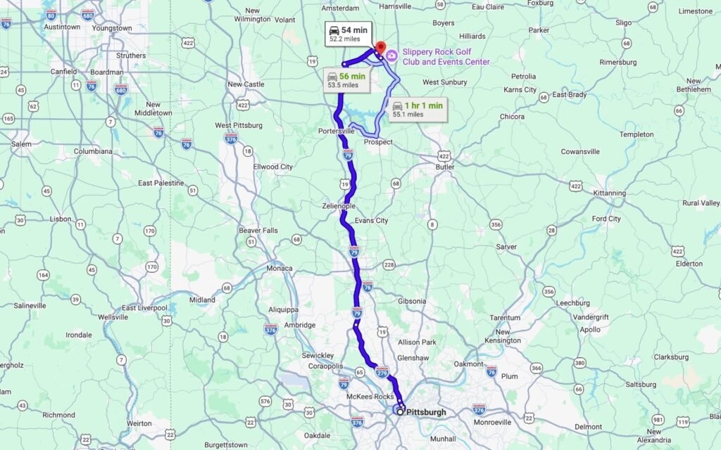 A Slippery Rock, PA escape room- Mystery Mayhem- showed on a map with the route to get there from Pittsburgh, PA.