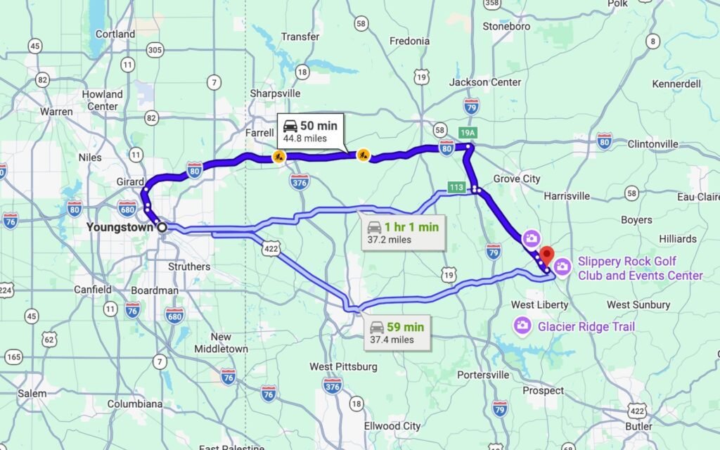 A map with the route to get from Youngstown, OH, to Mystery Mayhem Slippery Rock PA Escape Rooms.